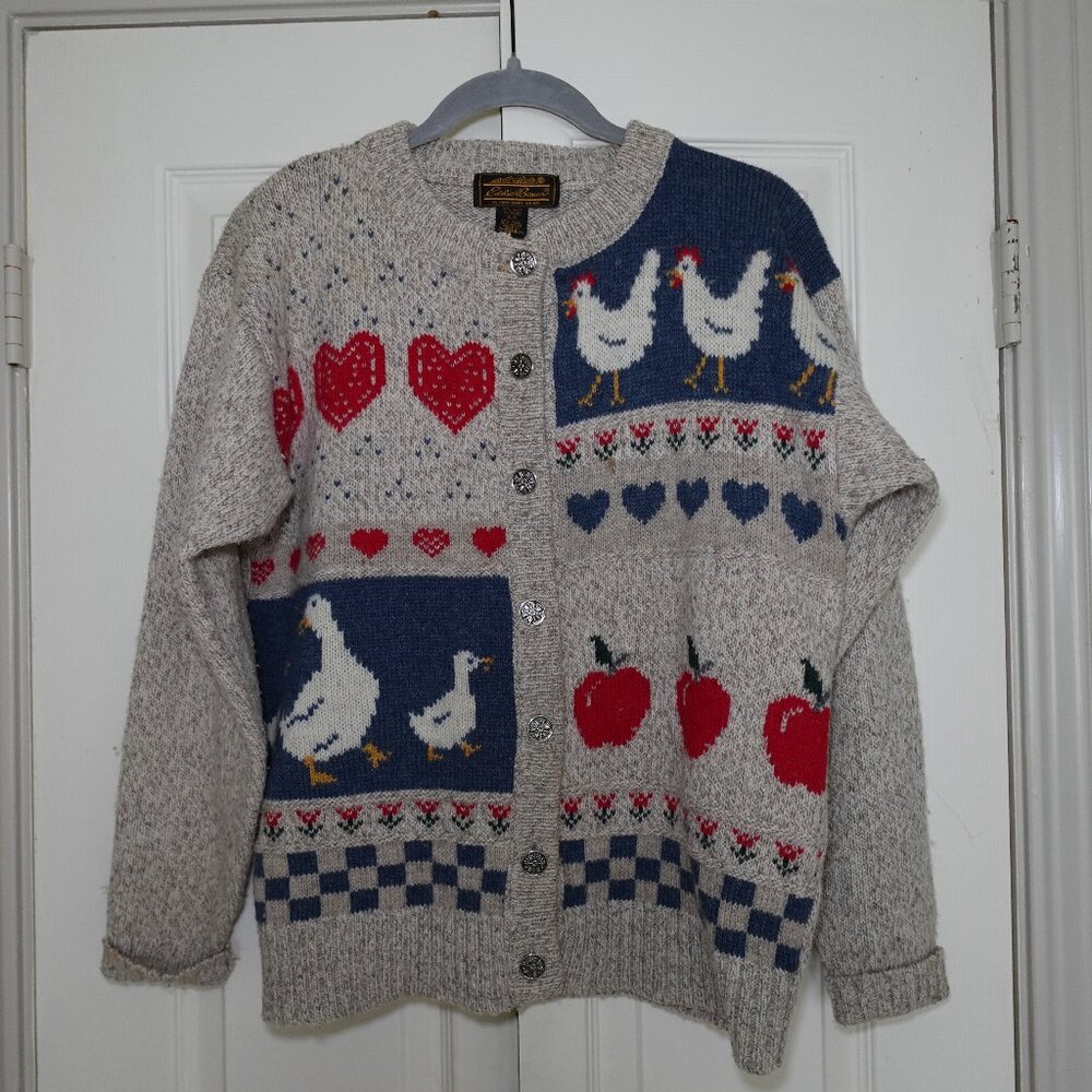 Vintage Eddie Bauer Wool Sweater Farmhouse, Ducks, Chicken, Women's Cardigan